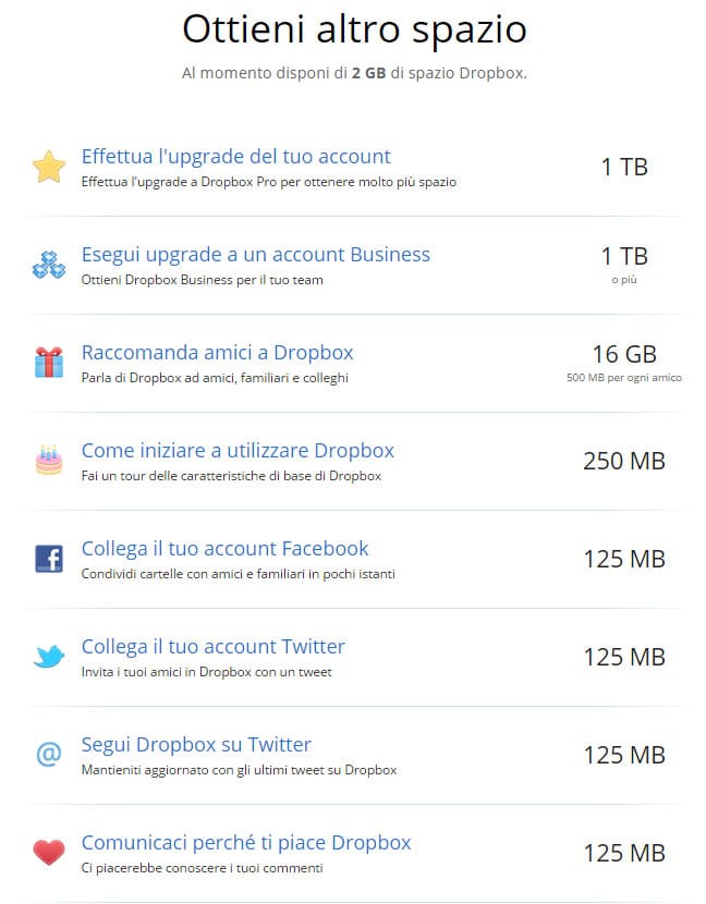 ottieni altro spazio gratuito dropbox
