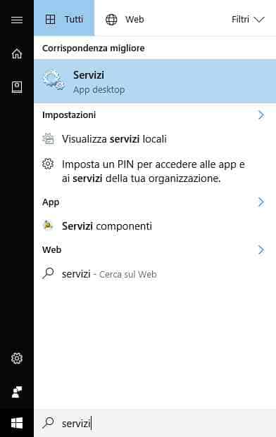 apri servizi windows 10