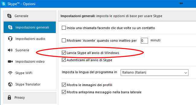 disabilita avvio automatico skype