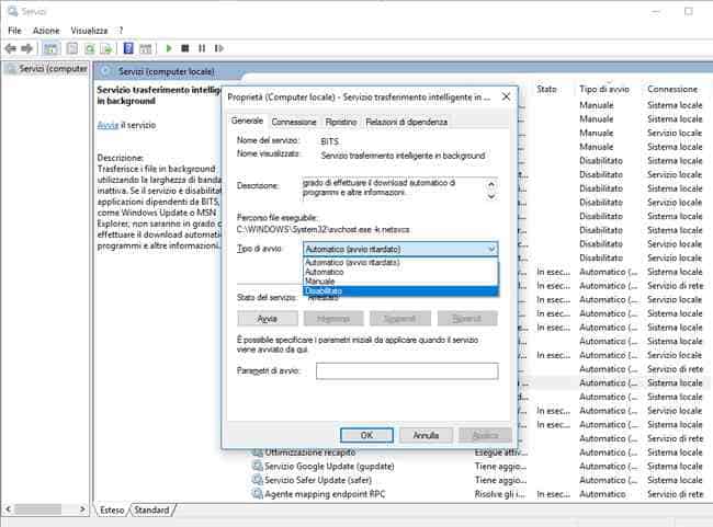 disabilitare servizio windows 10