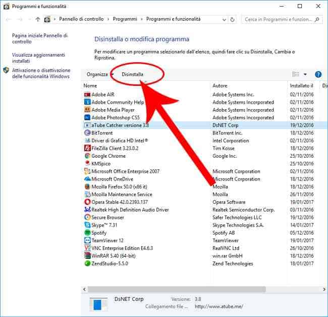 disinstallare programma windows 10