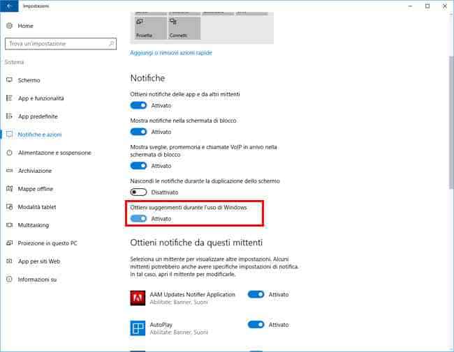 ottieni suggerimenti durante uso windows