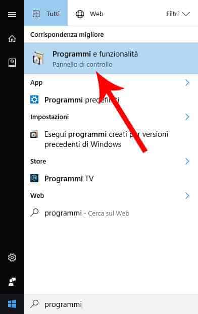 programmi e funzionalita windows 10