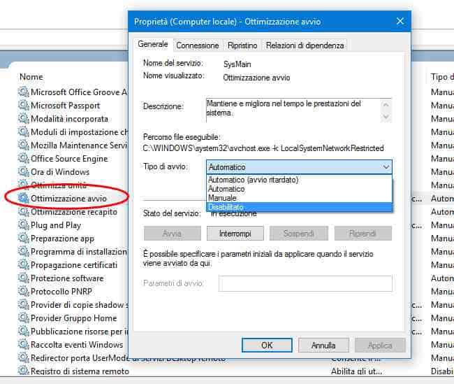 servizio superfetch ottimizzazione avvio