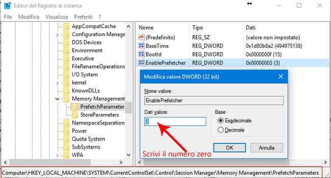 windows 10 disabilita prefetch