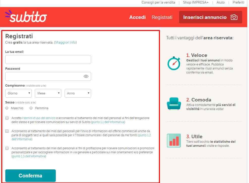registrazione area riservata subito