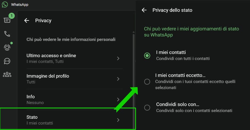 impostazioni - privacy - stato - whatsapp