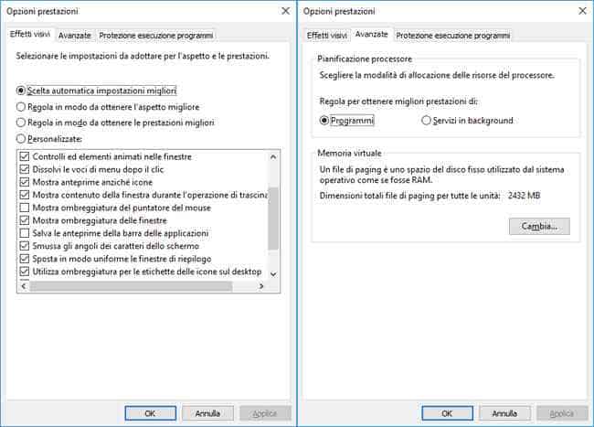 modifica aspetto e prestazioni windows