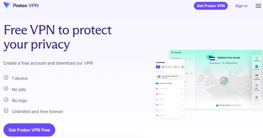 Home page Sito Proton VPN Free