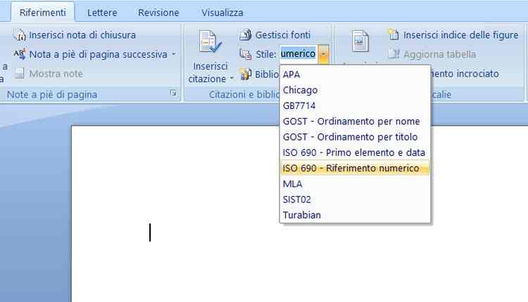 bibliografia con word inserire stile a citazione
