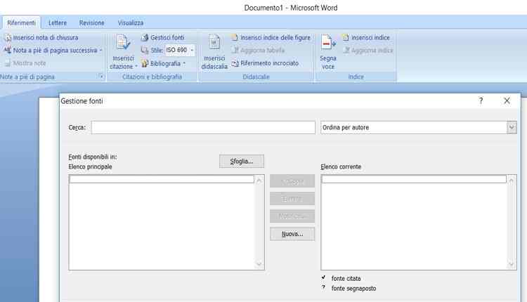 bibliografia con word modificare citazioni segnaposto fonti
