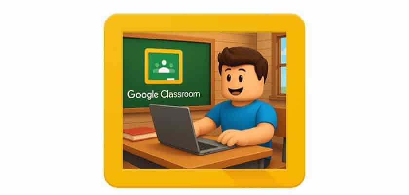 Come usare classroom google. Illustrazione ragazzo con laptop apert su banco di scuola e lavagna sul fianco