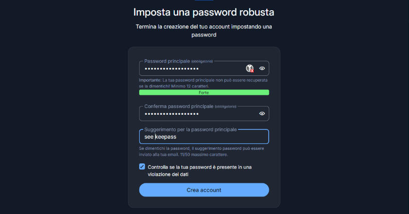 registrazione account bitwarden