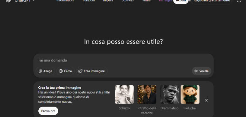 home page del sito chatgpt openai in versione dark