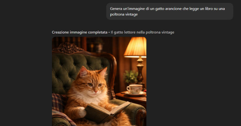 immagine gatto arancione che legge un libro sul divano con chatgpt