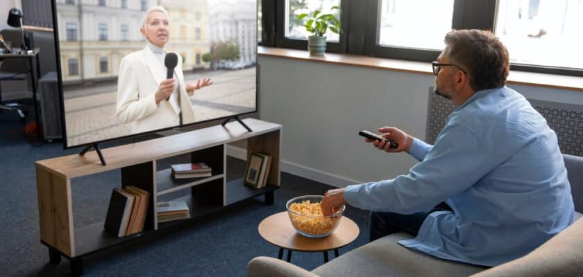 uomo guarda smart tv seduto sul divano mentre mangia popcorn