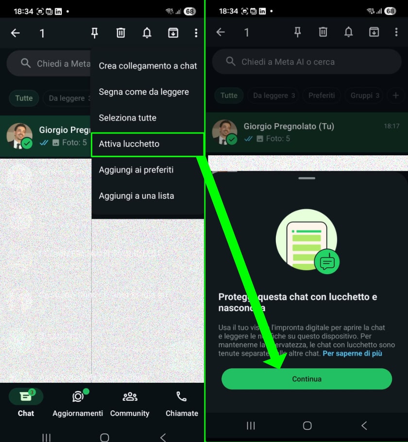 WhatsApp attivare lucchetto su chat