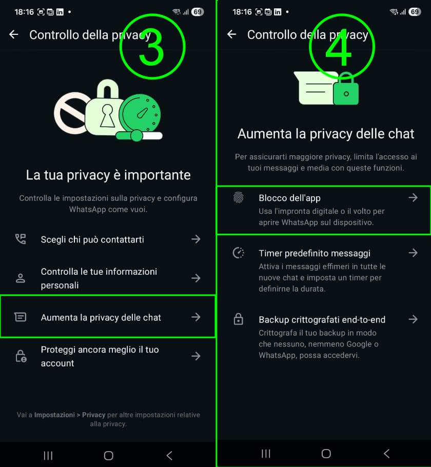 whatsapp schermate app blocco app con impronta o riconoscimento facciale