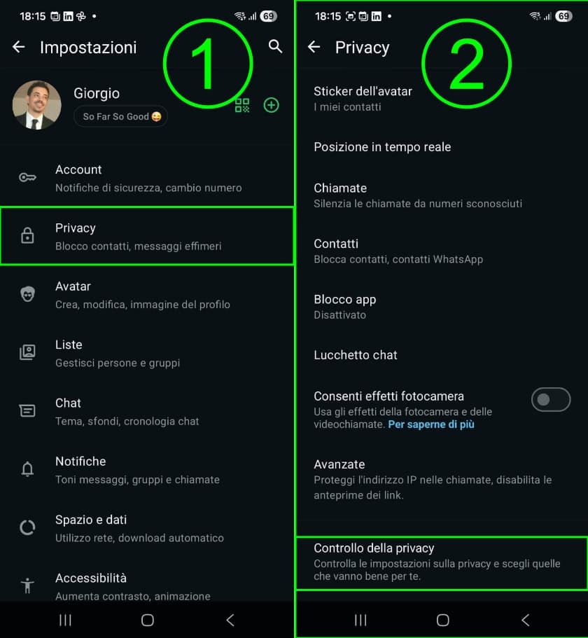 whatsapp schermate app impostazioni privacy
