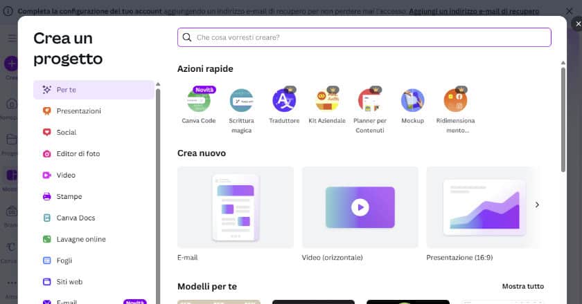 pannello creazione progetto grafico canva