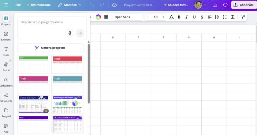 canva creazione documento sheet - fogli excel
