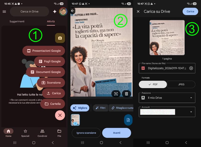 come funziona Google Drive scansione documenti app mobile