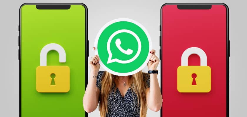 lucchetto chat whatsapp immagine con due smartphone affiancati, uno con schermo verde con lucchetto aperto, altro con schermo rosso e lucchetto chiuso, ragazza al centro con logo whatsapp sulla faccia