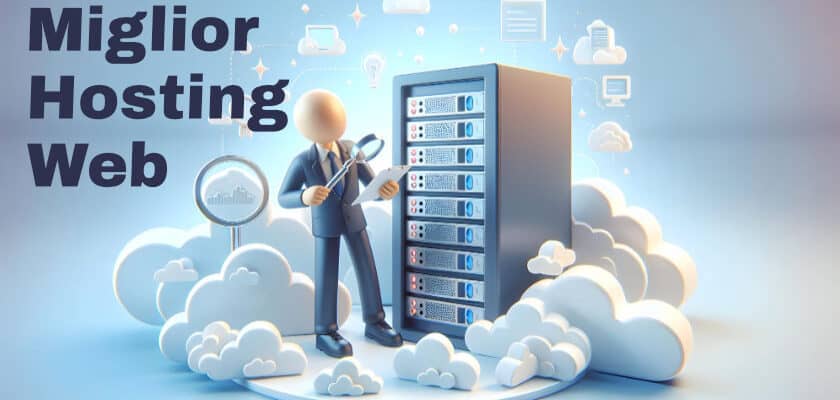 Miglior Hosting Web illustrazione con unomo in vestito che guarda foglio con lente ingrandimento di fianco a grande server, entrambi su una nuvola. Sfondo grigio celeste