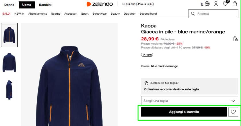 Come Funziona Zalando: Guida Completa 2026 3 pagina prodotto zalando pulsante aggiungi al carrello