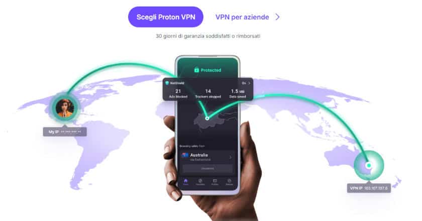 Immagine che rappresenta app su spmartphone di proton vpn da cui partono immaginarie connessioni a tutto il mondo