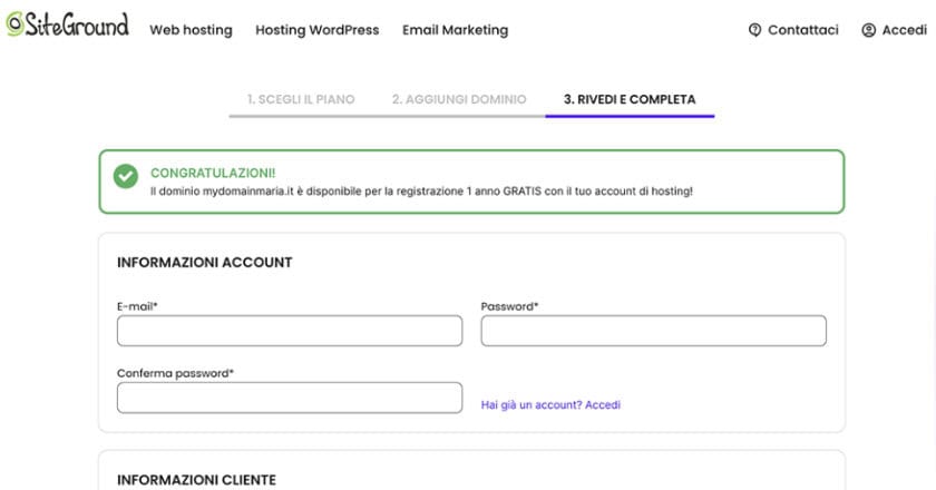 siteground completa ordine