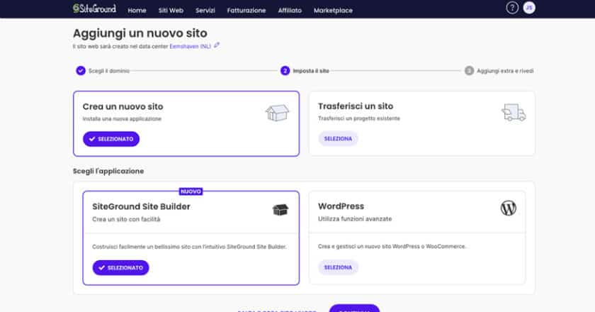siteground imposta sito