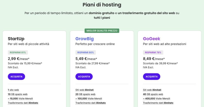 siteground piani hosting descritti su tre pannelli